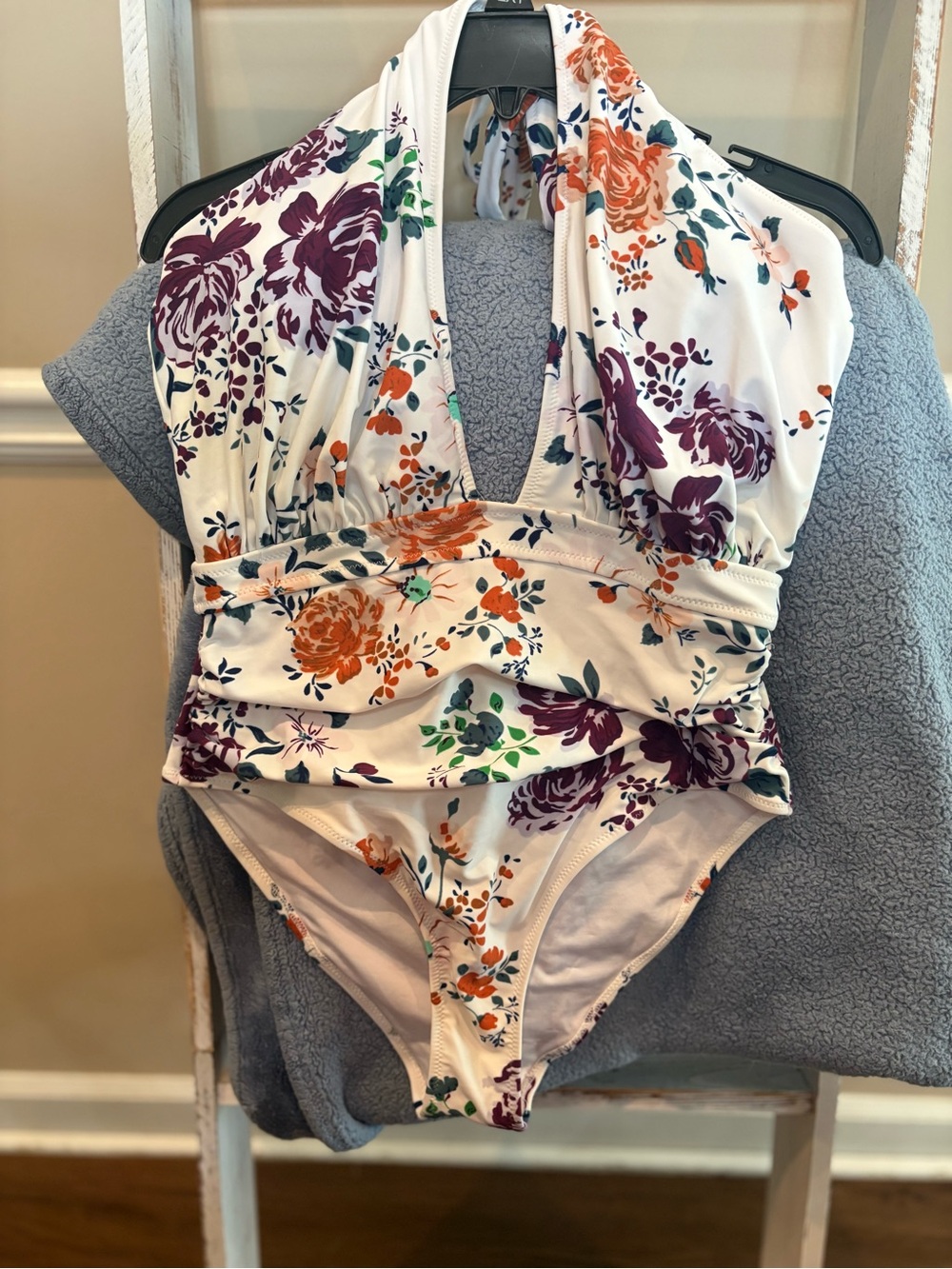 Floral Halter One-Piece Swimsuit in Cream with Orange & Purple Flowers